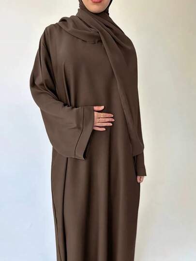 Women's Solid Color Long Sleeve Casual Long Arabic Style Dress,Modest