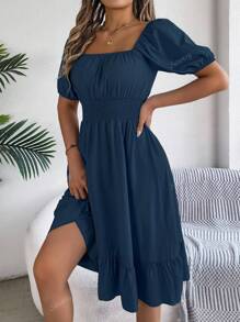 Vestido mini casual de vacaciones de primavera/verano para mujer con mangas abullonadas, cordón y estampado floral diminuto