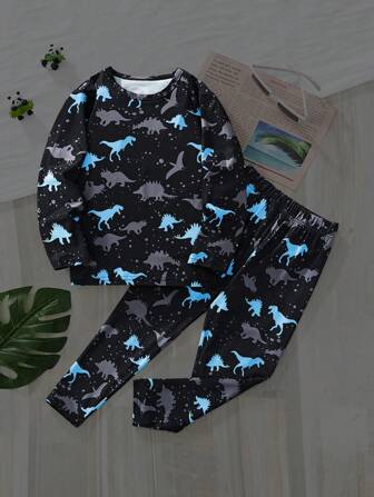 Toddler Casual Long Sleeve & Pants Set, Cartoon Dinosaur Fluorescent Print Pattern, Fashion For Spring & Summer