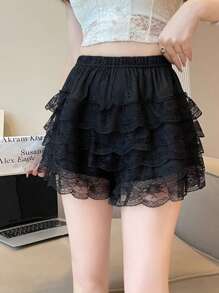 Womens Layered Ruffle Shorts Casual Elastic Waist Solid Color Lace Bloomers Lolita Clothes - 黑色 - 查看 10