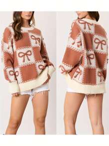 Women's Autumn Winter Knit Sweater Long Sleeve O Neck Bow Print Casual Knitwears - 卡其色 - 查看 2