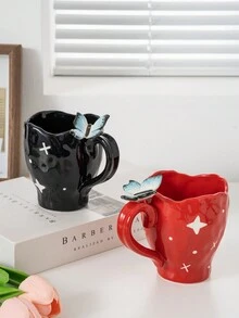 1pc Creative Minimalist Handmade Butterfly & Star Asymmetrical Ceramic Coffee Mug For Home Use - Multicolor - View 7