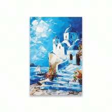 1PC Mediterranean Posters Coastal Balcony View Travel Print Santorini Church Art Print Greek Island Landscape Canvas Painting Wall Arts Decor No Frame Gifts Birthday Graduation