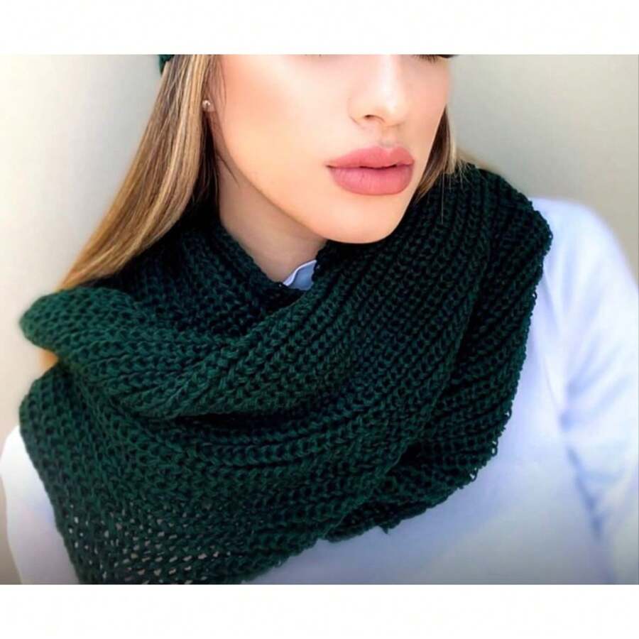 Knitted Collar Scarf Double Wrap Soft Wool Winter Fashion - Dark Green - View 1