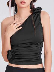 Women Solid Color Tank Tops Summer One Shoulder Sleeveless 3D Rosette Ruched Tops