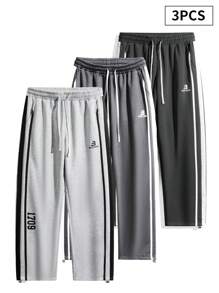 3pcs Plus Size Straight Leg Pants, Loose Drawstring Waist Solid Color Casual Sweatpants - Multicolor - View 1