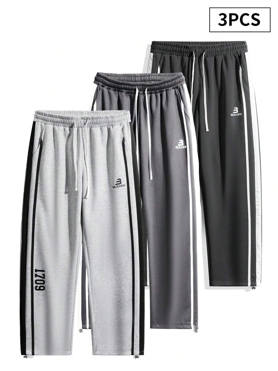 3pcs Plus Size Straight Leg Pants, Loose Drawstring Waist Solid Color Casual Sweatpants - Multicolor - View 1