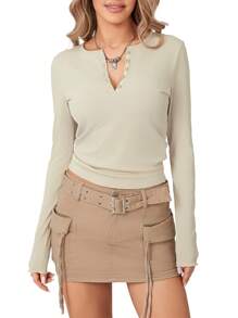 Womenacute;S Spring Autumn Knit T-Shirt Long Sleeve Solid Color Button Up Ribbed Tops