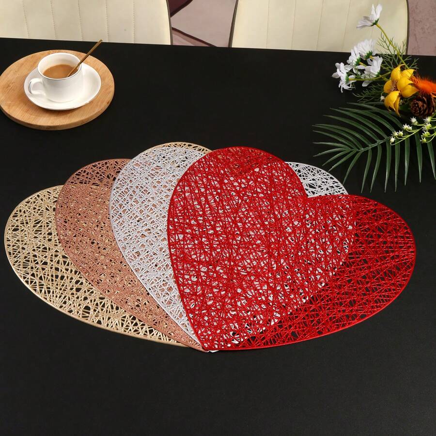 1pc/4pcs/6pcs Heart-Shaped Knotted PVC Waterproof Anti-Oil Placemat For Kitchen, Dining Table, Hotels, Restaurants, Holiday Decor, Heat Insulation For Valentine's Day - Love Line Placemat - View 1