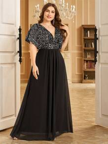 UNITHORSE 大码女式 V 领前后褶亮片拼接蝙蝠袖束腰超长派对礼服、婚礼宾客礼服、正式礼服、晚礼服、长袍