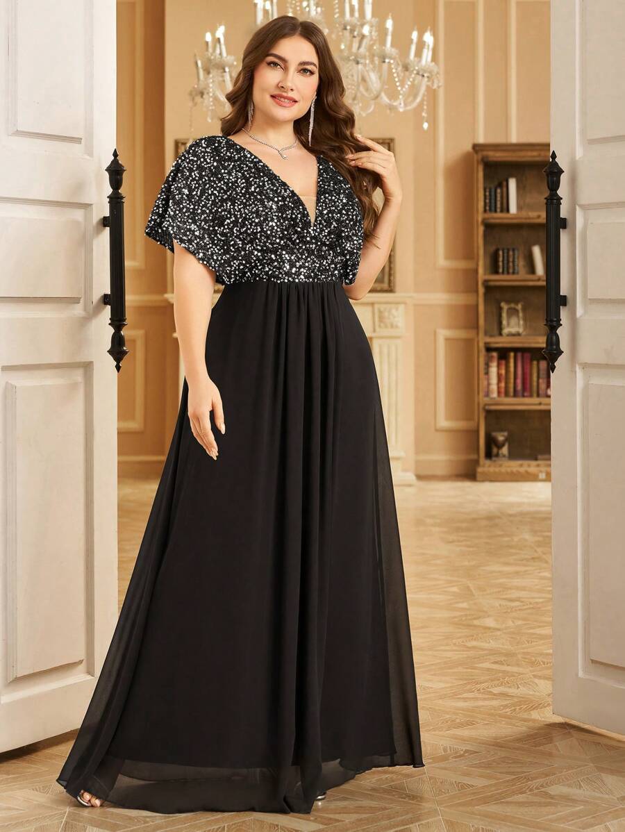 UNITHORSE 大码女式 V 领前后褶亮片拼接蝙蝠袖束腰超长派对礼服、婚礼宾客礼服、正式礼服、晚礼服、长袍