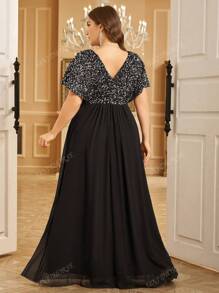 UNITHORSE Plus Size Women V-Neck Front & Back Fold Pleated Sequin Splice Batwing Sleeve Cinched Waist Maxi Party Dress, Wedding Guest Dress, Formal Dress, Evening Dress,Gown