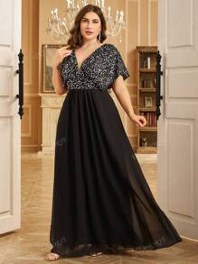 UNITHORSE Plus Size Women V-Neck Front & Back Fold Pleated Sequin Splice Batwing Sleeve Cinched Waist Maxi Party Dress, Wedding Guest Dress, Formal Dress, Evening Dress,Gown