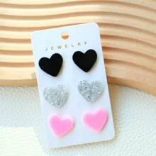 3 pièces/Ensemble de boucles d'oreilles en forme de cœur pailleté en acrylique (cœur noir, cœur léopard, cœur rose), ensemble de bijoux paillettes mignon, cadeau de la Saint-Valentin - Saint Valentin - Voir 10