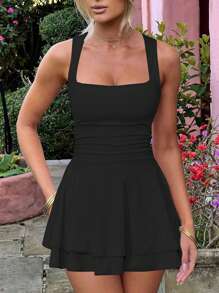 Women's Square Neck Ruffle Hem Mini Dress Ruched Waist Short Party Dresses