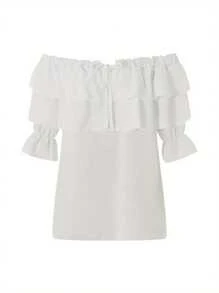 Women Fashion Wild Shirts Solid Color Boat-Neck Off-Shoulder Half Sleeve Chiffon Blouses Summer Casual Ruffles Tie-Up Tops - 白色 - 查看 5