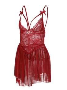 مجموعة ملابس داخلية شفافة مثيرة: فستان شفاف وسروال جي-سترينغ للخروج، مصنوعة من الدانتيل المفرغ والشبك الشفاف والفيونكة - عنابي اللون - مشاهدة 2