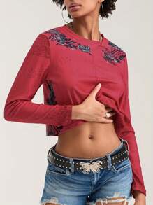 Womenacute;S Aesthetic Gothic Tops Retro Floral Print Bead Decor Long Sleeve Round-Neck Grunge T-Shirts For Summer Spring