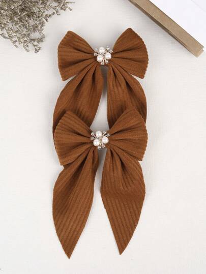 2个圣诞节布艺蝴蝶结发夹，棕色珍珠发夹，适合女孩，时尚发饰，青少年派对礼物
