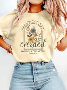 Christianity Graphic Print T-Shirt, Short Sleeve Crew Neck Casual Top For Summer & Spring, Women's Clothing - Màu be - Xem 1