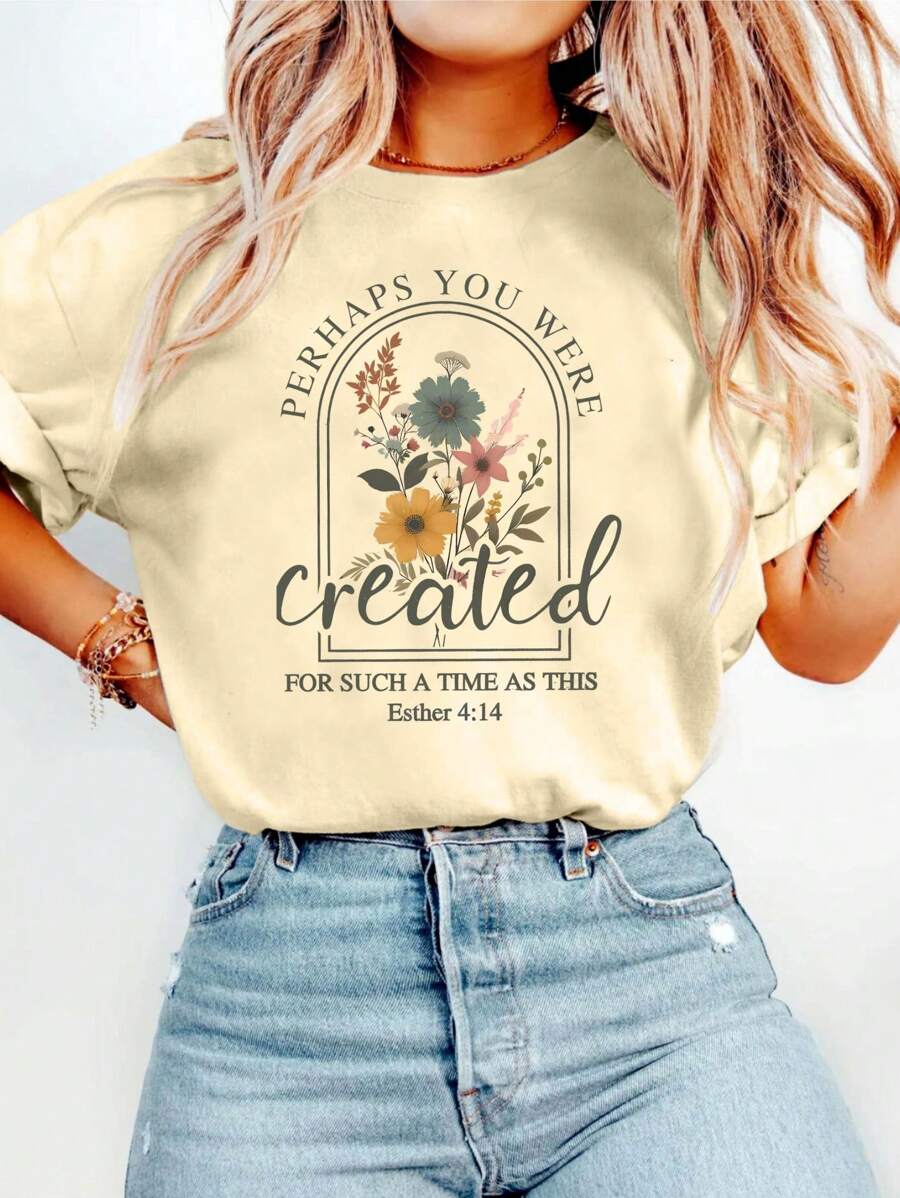 Christianity Graphic Print T-Shirt, Short Sleeve Crew Neck Casual Top For Summer & Spring, Women's Clothing - Màu be - Xem 1