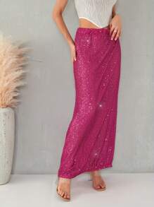 Women's Shiny Sparkly Sequin Maxi Skirt Glitter High Waist Stretchy Long Skirts Night Out Bodycon Party Clubwear - 玫紅色 - 查看 4