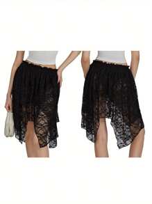 Minifaldas de verano para mujer, con dobladillo irregular y encaje floral, para uso diario, viajes y fiestas. - Negro - Ver 3
