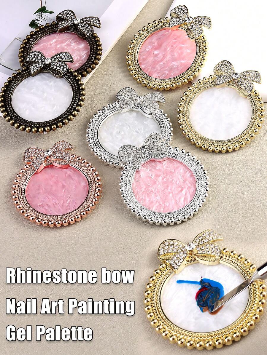 Paleta de uñas de plata, oro y rosa, soporte para exhibir el arte de uñas, pajarita brillante, rhinestones, bandeja para esmalte de gel, pigmento variado para decoración de uñas