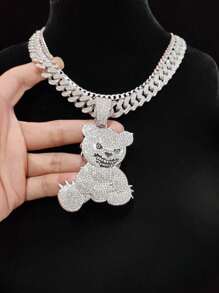 Set de 2 piezas Collar con colgante de acero inoxidable con decoración de strass, 1 pieza Collar con colgante en forma de oso - Collar hip hop, adecuado para uso casual o fiestas