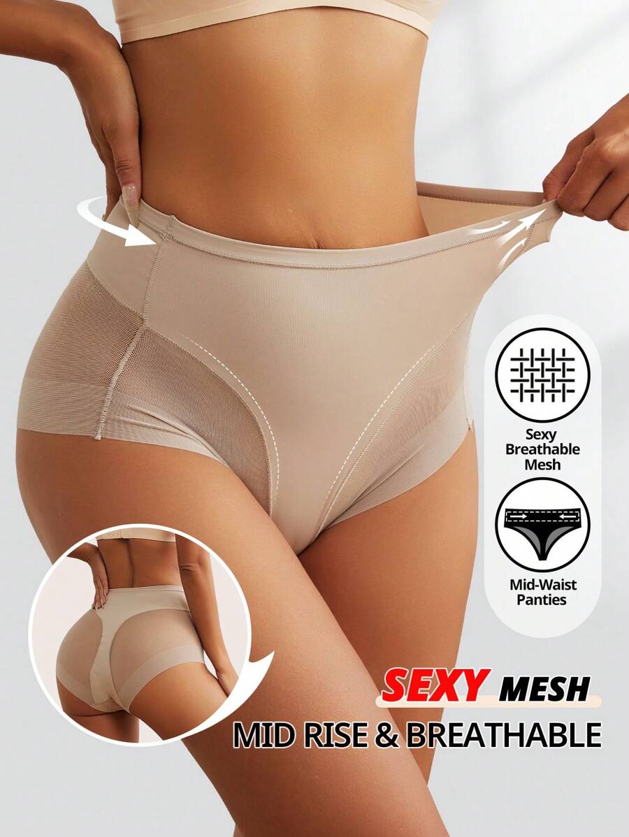 Flarixa 女士中腰透气性感网眼三角裤 凉爽对比网眼内裤 - 米色 - 查看 1