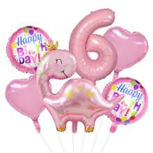 Set de 6 globos de papel de aluminio con corona rosada y diseño de dinosaurio, globos mates para decoración de cumpleaños, baby shower, fiesta de dinosaurios - Multicolor - Ver 2