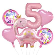 Set de 6 globos de papel de aluminio con corona rosada y diseño de dinosaurio, globos mates para decoración de cumpleaños, baby shower, fiesta de dinosaurios - Multicolor - Ver 6