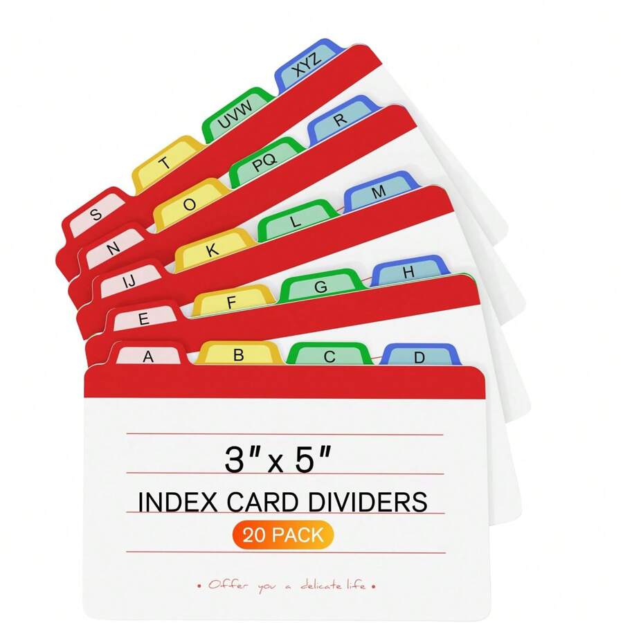 3"X5" Index Cards Dividers, 20 Counts Alphabetical Index Cards Blank Ruled Note Cards With 1/4 Cut Tabs, File And Recipe Study Dividers, Assorted Colors Card File, A-Z Guide