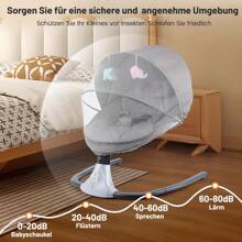 Babywippe für Kinder bis 9 kg, klappbar, mit Fernbedienung & Bluetooth zum Verbinden mit Smartphone, Batterie- oder Stromanschluss, mit 5-Punkt-Sicherheitsgurt, Sonnenschutz, Insektennetz