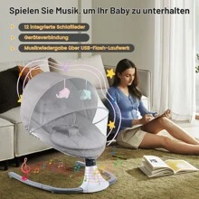Babywippe für Kinder bis 9 kg, klappbar, mit Fernbedienung & Bluetooth zum Verbinden mit Smartphone, Batterie- oder Stromanschluss, mit 5-Punkt-Sicherheitsgurt, Sonnenschutz, Insektennetz
