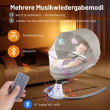 Babywippe für Kinder bis 9 kg, klappbar, mit Fernbedienung & Bluetooth zum Verbinden mit Smartphone, Batterie- oder Stromanschluss, mit 5-Punkt-Sicherheitsgurt, Sonnenschutz, Insektennetz