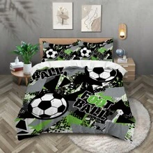Juego de edredón de 3 piezas con estampado de elementos deportivos de fútbol, suave, cómodo, cálido, antiperfilado, lavable a máquina, estilo para las cuatro estaciones, sin relleno, 1 edredón + 2 fundas de almohada