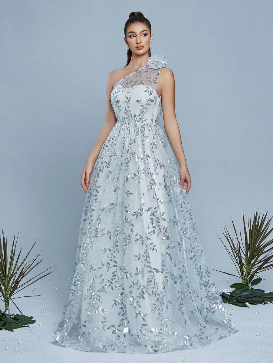 Mgiacy,New Arrival,One Shoulder,Sequin,Magnificent,Wedding Dress,3D Floral,Ruched,A-Line Dress,Bride - White - View 1