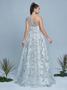 Mgiacy,New Arrival,One Shoulder,Sequin,Magnificent,Wedding Dress,3D Floral,Ruched,A-Line Dress,Bride - White - View 2