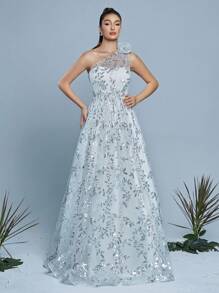 Mgiacy,New Arrival,One Shoulder,Sequin,Magnificent,Wedding Dress,3D Floral,Ruched,A-Line Dress,Bride - White - View 4