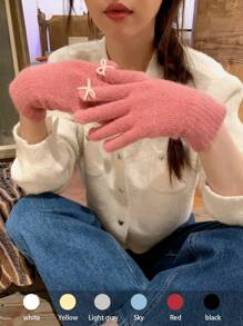1 paar gebreide handschoenen met imitatieparels en strik, warm en stijlvol voor vrouwen en studenten, geschikt voor fietsen, herfst/winter Valentijn