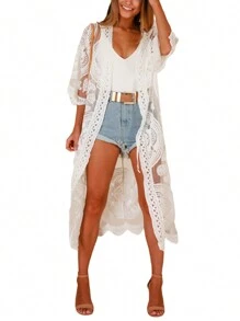 Womens Swimsuit Coverup Lace Bathing Suit Cover Up Beach Kimonos Long Cardigan Open Front Swimwear Lace Floral Crochet Kimonos For Women Long Swimwear Bikini Swimsuit Coverup Sheer Swimsuit Cover Up Summer Holiday Vacation Outfits Long Beach Dress One Size - White - View 10