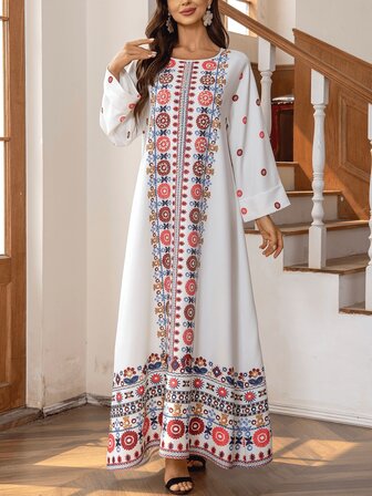 Scacto Graphic Print Rhinestone & Pearl Embellished Dress, Loose Fit, Can Be Worn Casually Or Formally