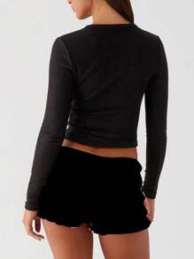 Women 2025 Fashion Slimming Knitted Ribbed Shirt Button Front Long Sleeve Top For Date Shopping Office Club Street Photography Spring/Summer  Aesthetic Style Knitted Ribbed Casual Top - 黑色 - 查看 4