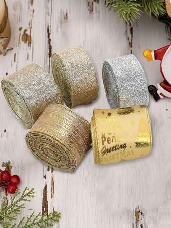 全新闪光面料圣诞丝带、金粉装饰蝴蝶结、圣诞金属丝边饰带、手工发饰 DIY 礼品包装丝带