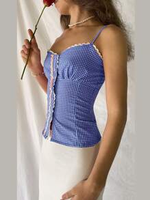 Gingham Tops For Women Y2K Plaid Cami Tank Top Vintage Aesthetic Spaghetti Strap Slim Fit Tank Fairycore Crop Tops