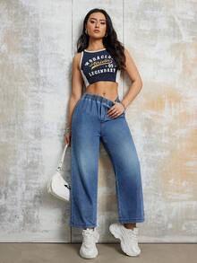 Women's Casual Loose Stretchy Waist Flexible Straight Leg Jeans, Spring & Summer Clothing