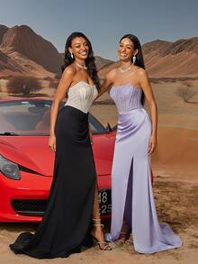 BluePlum Nova chegada preto espinha de peixe plissado alça lantejoulas sem mangas feminino noite festa vestido elegante alta fenda formal baile de formatura vestido de convidado de casamento, para formatura, jantar