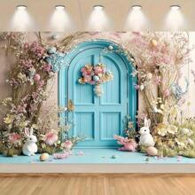 1 Easter Bunny And Floral Wreath Photography Background, Polyester Blue Door And Spring Floral Wreath, No Electricity Required, Suitable For Trailing Parties And General Use, Easter Party Banner And Living Room Wall Decoration - Multicolor - View 6