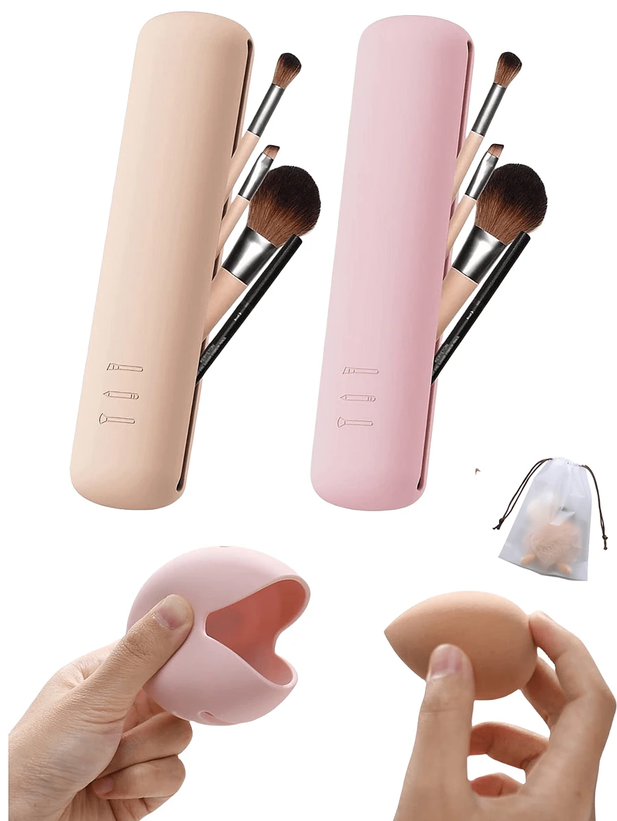 Bolsa de maquillaje portátil con 1 soporte de silicona para brochas de maquillaje y 1 soporte para esponjas de maquillaje, organizador de brochas de maquillaje, soporte para esponjas de maquillaje, estuche con cremallera para brochas de maquillaje, soporte de silicona para brochas de maquillaje, accesorio de viaje portátil, adecuado para vacaciones, playa, baño, dormitorio, gran capacidad - Multicolor - Ver 1